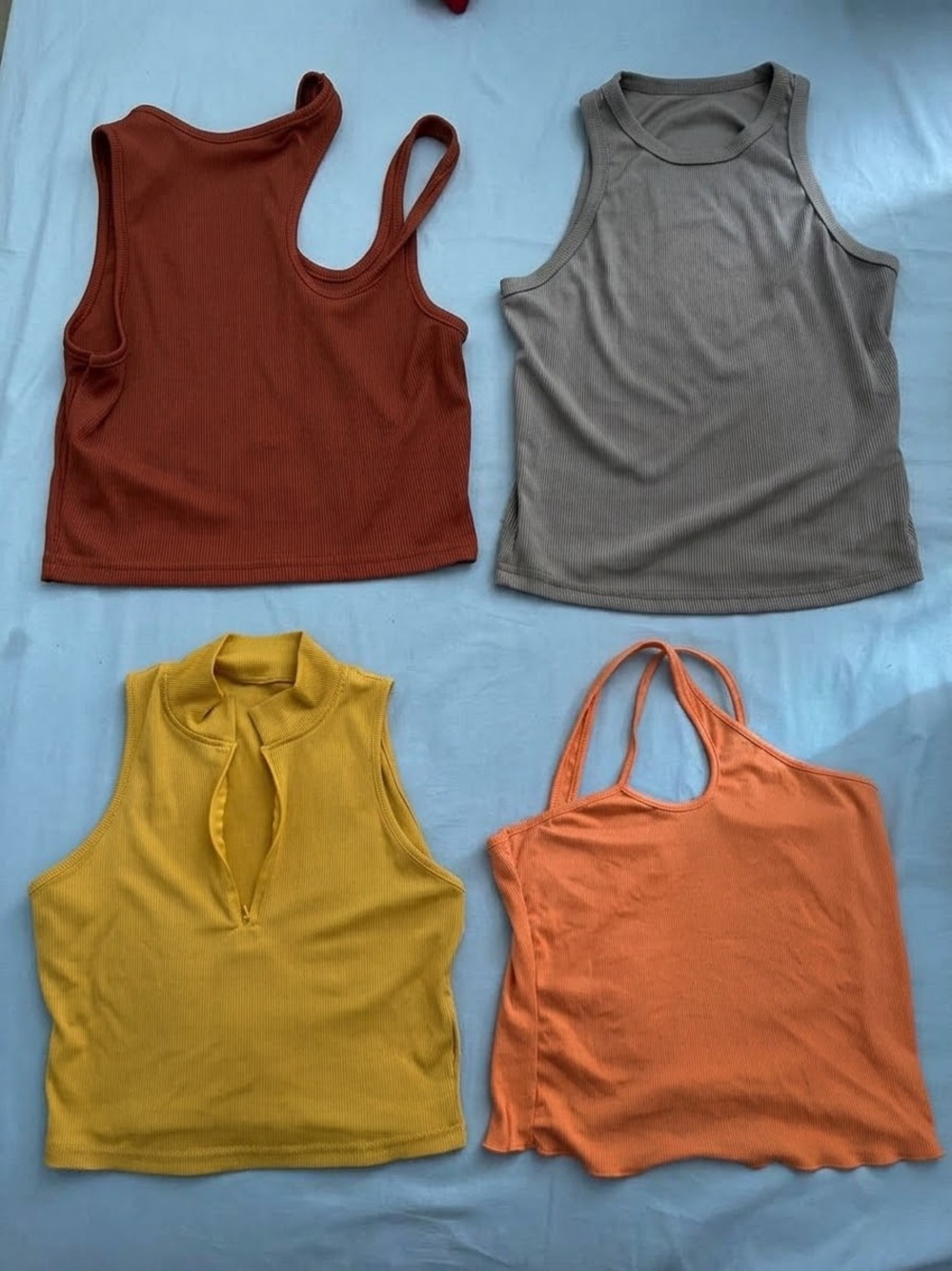 SHEIN Ribbed Cropped Tank Set in Rust, Taupe, Mustard & Coral